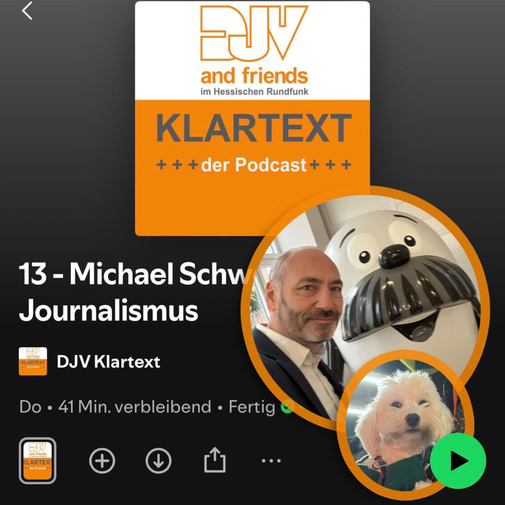 Screenshot eines DJV und HR Podcasts mit Michael Schwertel zum Thema KI und Innovation