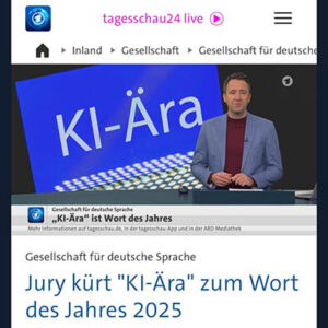 Moderator der ARD Tagesschau mit Einblendung „KI Ära“ zum Wort des Jahres 2025