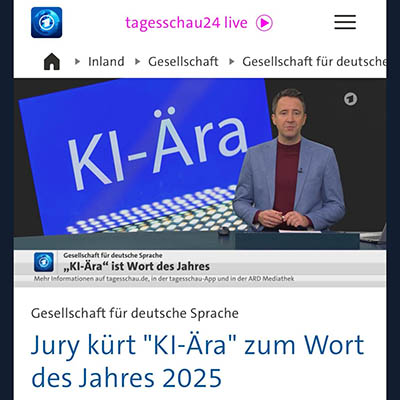 Moderator der ARD Tagesschau mit Einblendung „KI Ära“ zum Wort des Jahres 2025