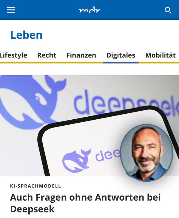 Screenshot eines MDR-Artikels über ein Interview mit Professor Michael Schwertel zum Thema KI-Deepseek