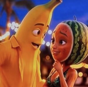 KI-generierte Frucht-Figuren aus dem viralen TikTok-Trend Fruit Love Island