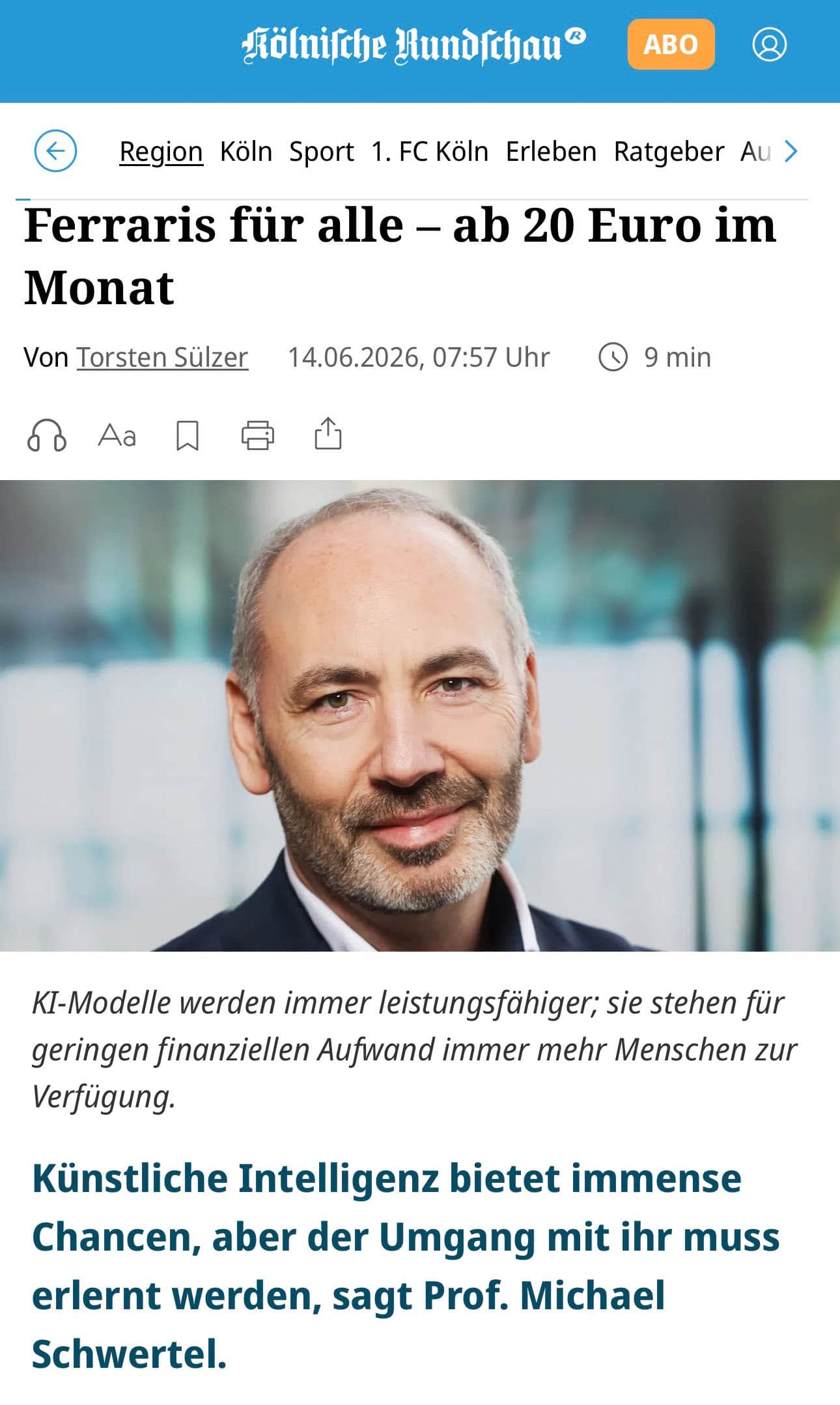 Artikel über Prof. Michael Schwertel KI-Weiterbildung Deutschland - KI-Experte und Keynote Speaker aus NRW