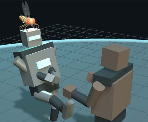 Zwei humanoide Roboter stehen sich in einer Arena gegenüber, der linke wird von einer Fliegenhirn auf seinem Kopf gesteuert