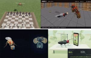 Collage aus vier Szenen einer 3D-Simulation, in der eine Fruchtfliege Schach spielt, Doom spielt, einen Zauberwürfel löst und Tiktok nutzt